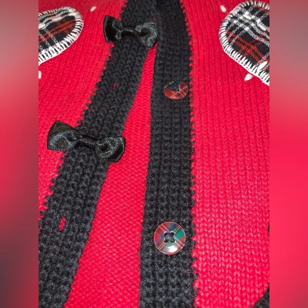 Rachel’s kids Red cardigan Black trim plaid Hearts scottie Dogs sleeve bows 4T